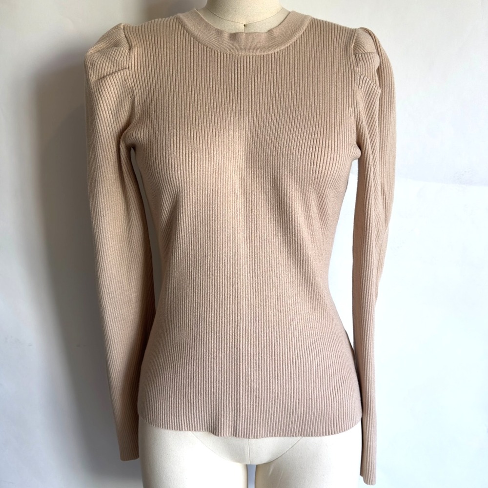 Greylin Felina Puff Sleeve Ribbed Knit Crew Neck Slim Fitting Top-Beige-Size Sml